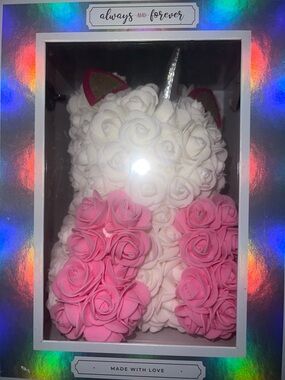 Unicorn Rose Bear - White & Pink Foam Rose Figurine